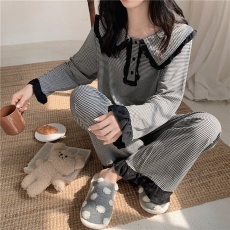ルームウェア セットアップ パジャマ チェック柄 フリル トップス パンツ 上下セット 部屋着 韓国ファッション レディース 大人可愛い ガーリー フェミニン DTC-664959658095
