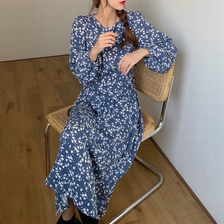 小花柄 ワンピース パフスリーブ ロング丈 ハイウエスト 長袖 クルーネック 薄手 韓国ファッション レディース 大人可愛い ガーリー フェミニン レトロDTC-655695330315