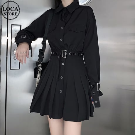 シャツワンピース プリーツ ウエストマーク 袖ベルト プリーツスカート Aライン 長袖 レトロ 韓国ファッション レディース 大人可愛い ガーリー ゴシック 暗黒系 DTC-636037263078