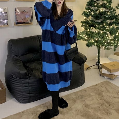 ボーダー柄 ニットワンピース Vネック オフショルダー ロング丈 長袖 ルーズウエスト レトロ 韓国ファッション レディース カジュアル 大人可愛い ガーリー DTC-663068830182