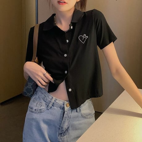 ブラウス シャツ 半袖 ワンポイント刺繍 ショート丈 レトロ 韓国ファッション レディース 大人可愛い レトロ ガーリー カジュアル DTC-680320363928