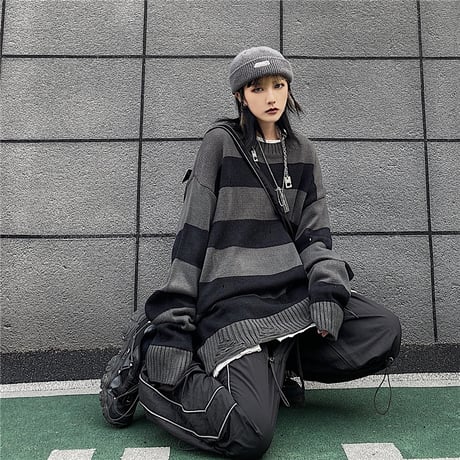 ユニセックス ダメージ加工 ボーダーニット ドロップショルダー 韓国ファッション メンズ レディース セーター オーバーサイズ ビター系 ストリート系 モード系 DTC-630622135755