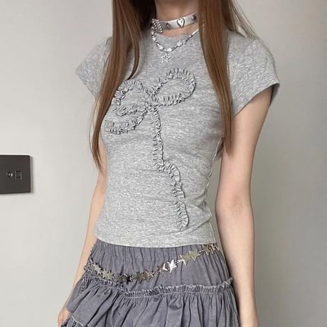 立体リボン Tシャツ リボンコード フリル タイト スリムフィット ショート丈 クルーネック 半袖 レトロ 大人可愛い ガーリー カジュアル DTCA-802763810438