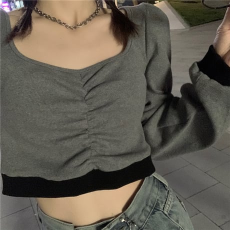 Tシャツ 長袖 スクエアネック ショート丈 プルオーバー ロングTシャツ ロンT カットソー ゆったり 韓国ファッション レディース カジュアル DTC-654629361140