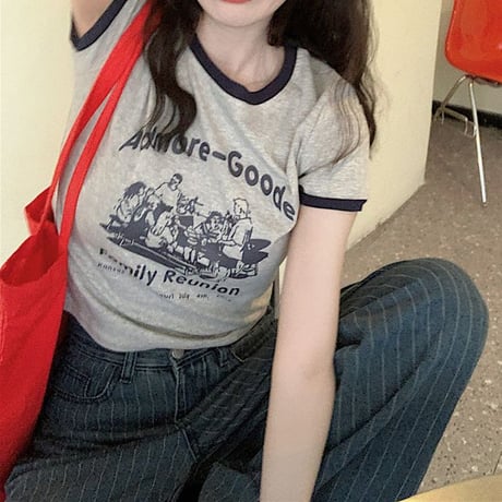 レトロプリント Tシャツ ショート丈 半袖 クルーネック スリムフィット レトロ カジュアル ストリートファッション ストリート系女子 DTCA-702505709620