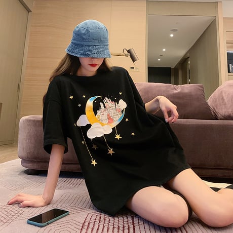 Tシャツ 半袖 お城 プリント ラウンドネック 韓国ファッション レディース トップス 星 月 プリント シンプル ガーリー DTC-618971492141