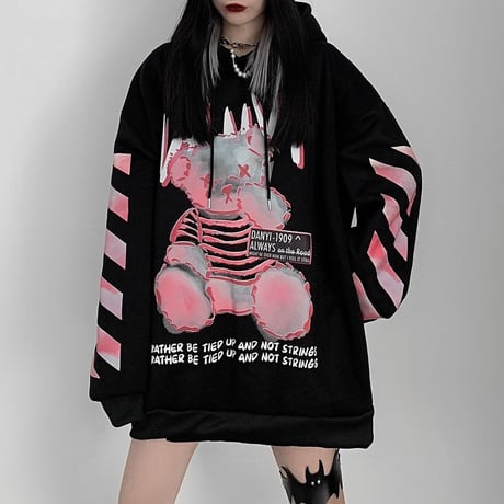 ユニセックス パーカー 裏起毛 クマちゃん 袖プリント バックプリント 長袖 オーバーサイズ 韓国ファッション メンズ レディース ルーズ カジュアル ストリート系 DTC-631029893418