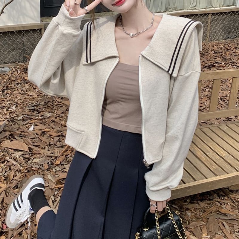 ツイードジャケット ショート ストリート 配色ライン 韓国 ショートジャケット セーラー襟 配色ライン スウェット ルーズ