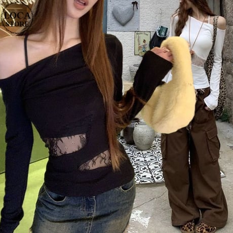 レース切替え オフショルダー ロンT スリムフィット トップス Tシャツ オフショル 長袖 レトロ 大人可愛い ガーリー DTCA-840082839514