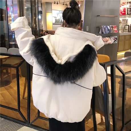 ファーブルゾン ダウンジャケット 韓国ファッション レディース ルーズ ジャンパー ゆったり ファーフード 体型カバー 大人カジュアル 韓国 (DTC-606322579577)