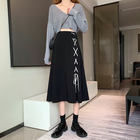 レースアップ フレアスカート ハイウエスト ロングスカート Aライン スカート レトロ 韓国ファッション レディース 大人可愛い ガーリー DTC-667437875861
