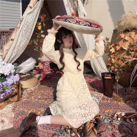 ワンピース レース ロング丈 起毛 韓国ファッション レディース 厚手 ハイネック フリル襟 袖フリル 長袖 レトロ DTC-606940249757