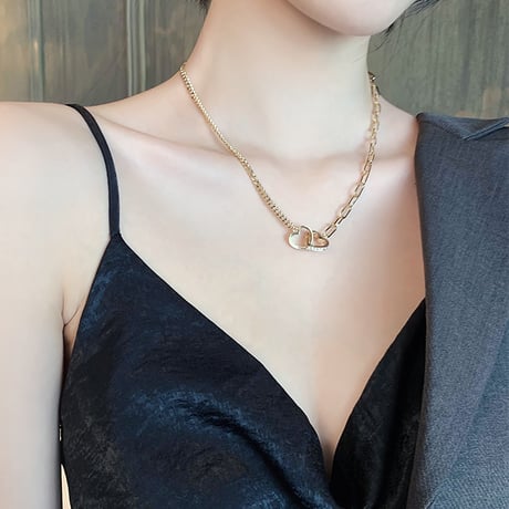 ダブルハート ネックレス CZ チェーン付き レディース ペンダント 合金 アクセサリーDTC-633357761746)