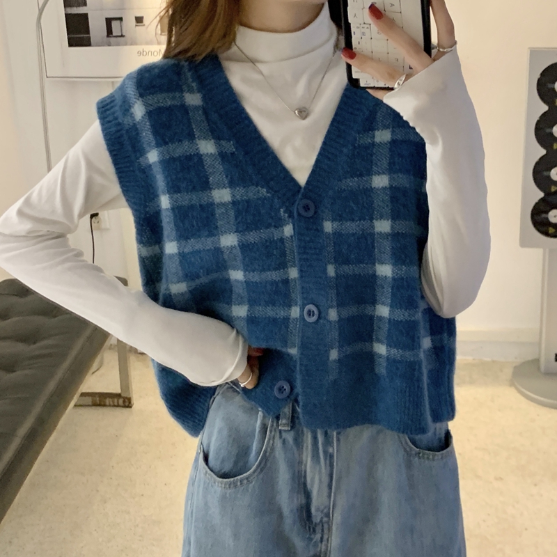 チェック柄 ニットベスト Vネック ゆったり 大きめ ルーズ