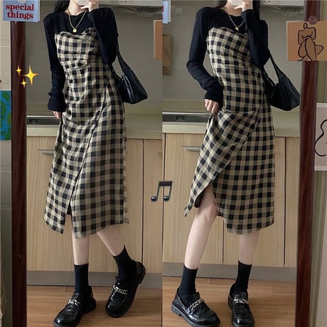 フェイクレイヤード チェック柄 スリットワンピース ハイウエスト ロング丈 レトロ 韓国ファッション レディース 大人可愛い ガーリー DTC-666716955708
