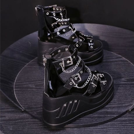 厚底 サンダル 22.5～24.5cm パテントレザー チェーン バックジップ ブーツサンダル 厚底サンダル バックル ゴシック 韓国ファッション レディース DTC-670375806930