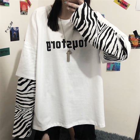フェイクレイヤード ドッキングトップス tシャツ ロンT ゼブラ柄 長袖 レトロ 韓国ファッション レディース 大人可愛い ガーリー カジュアル ストリート系 DTC-625297358508