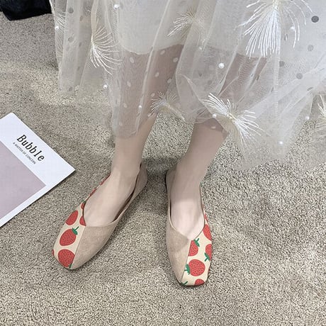 パンプス フルーツ柄 フラットシューズ ぺたんこ 韓国ファッション レディース シンプル フラットパンプス シューズ いちご柄 パイナップル柄 チェリー柄 かわいい 610995457990