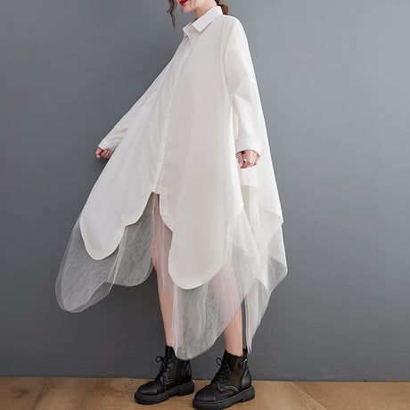 ロングシャツ シャツワンピース チュール シャツ ワンピース アシンメトリー ルーズ 長袖 レトロ 韓国ファッション レディース 大人可愛い ガーリー DTC-653970172988