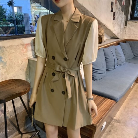 ワンピース トレンチ風 フェイクレイヤード 韓国ファッション レディース Aライン ダブルブレスト シンプル ガーリー フェミニン DTC-616848359436