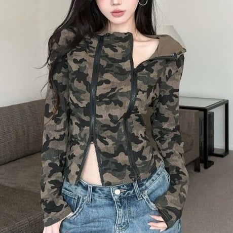 迷彩柄 フーディー ダブルファスナー ダブルジップ ショート丈 ミリタリー カモフラージュ柄 パーカー トップス スリムフィット 長袖 レトロ カジュアル DTCA-965669117920