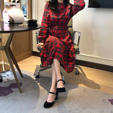 レディース チェック柄 ベルト付き ワンピース 長袖 ロングワンピース ラウンドネック 韓国ファッション オルチャン (DCT-583858540536)