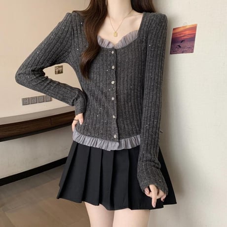ニット カーディガン レース フリル トップス リブニット スクエアネック スリムフィット 長袖 レトロ 大人可愛い ガーリー DTCA-966412508396