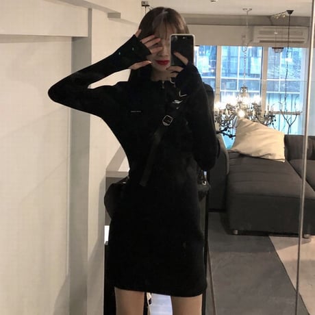 ニットワンピース リブニット ハーフジップ ニット タイト スリムフィット スリムニット 韓国ファッション レディース 大人可愛い ガーリー DTC-651165316074