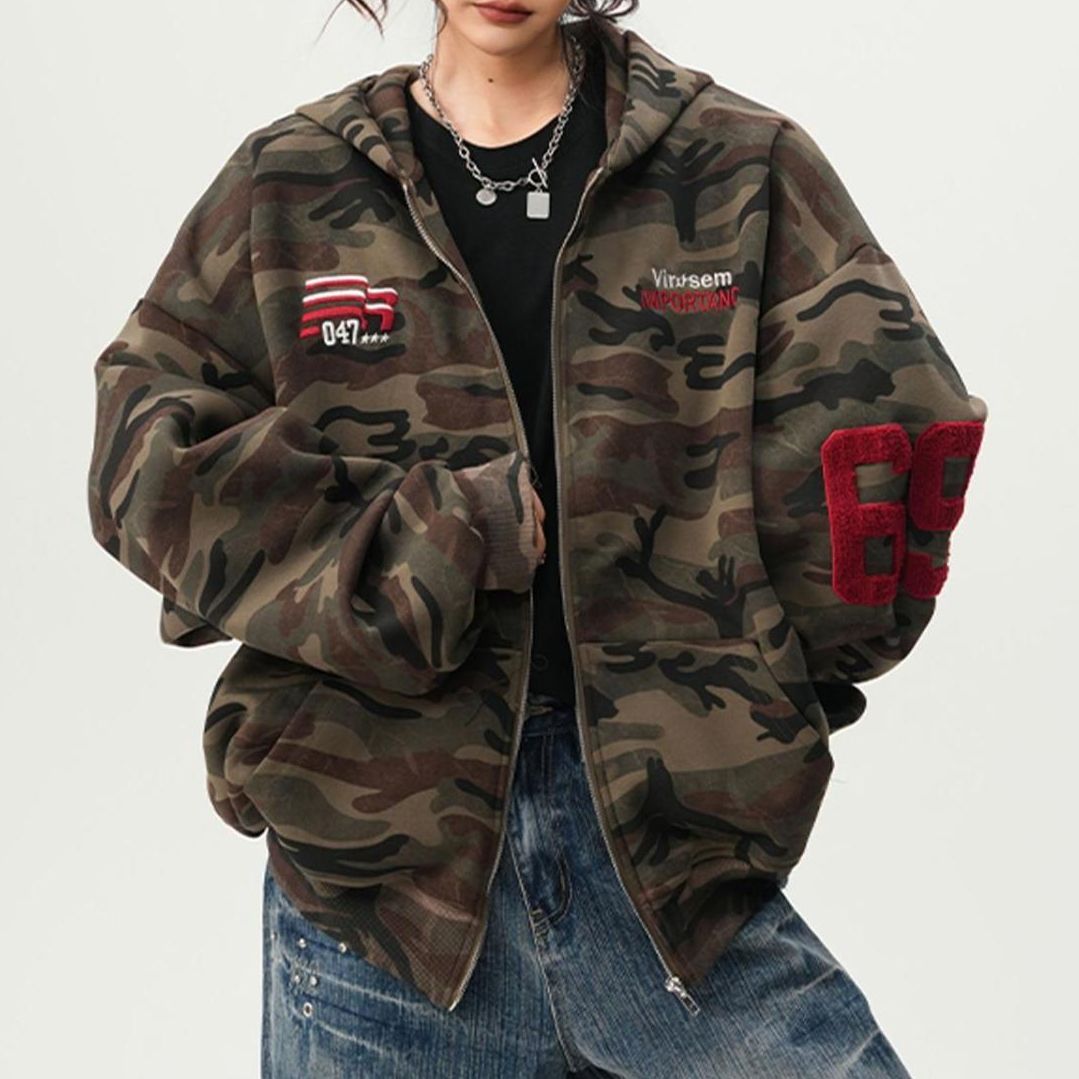 迷彩柄 ジップアップ パーカー トップス カモフラ柄 フード付き