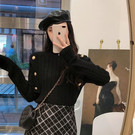 タートルネック リブニット プルオーバー 長袖 ニット レトロ 韓国ファッション レディース 大人可愛い ガーリー カジュアル DTC-656658948625
