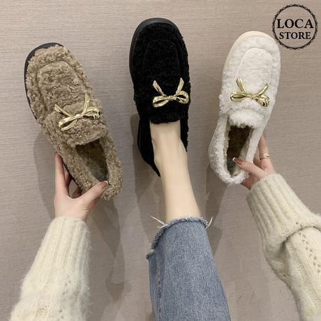 ファーシューズ ラムウール パンプス 22.5～25.0cm韓国ファッション レディース ボアシューズ ファー 防寒 もこもこ 歩きやすい 履きやすい カジュアル 631545625682