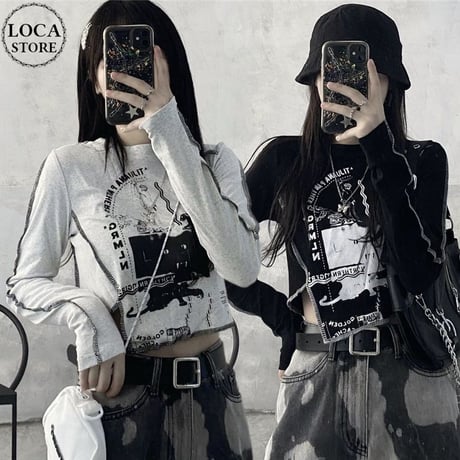 ロンT アシンメトリー ショート丈 スリムフィット 不規則デザイン アシメ tシャツ トップス 長袖 レトロ 大人可愛い ガーリー サブカル系 カジュアル DTCA-655976986014