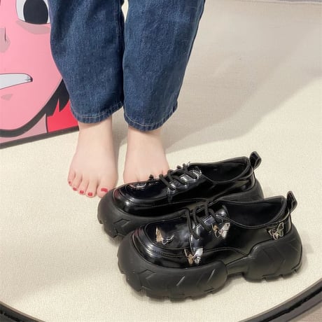 厚底 シューズ 22.5～25.0cm バタフライ レースアップ PU カジュアル 靴 かわいい おしゃれ フェミニン 韓国ファッション レディース DTC-696088716051