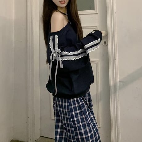 スウェット サイドライン レース リボン ワンショルダー トップス オフショルダー トレーナー ルーズ 長袖 レトロ 大人可愛い ガーリー カジュアル DTCA-851215068142
