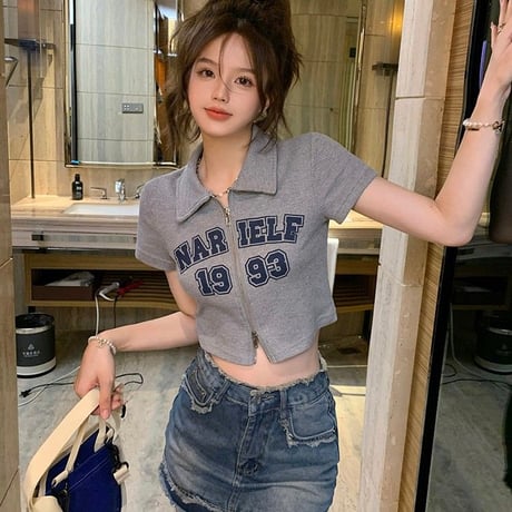ダブルジップ ワッフル トップス 襟付き Tシャツ クロップド丈 ショート丈 レタープリント 半袖 シンプル ルーズ レトロ 大人可愛い ガーリー カジュアル DTCA-711769972021