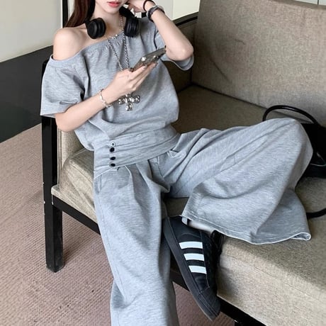 セットアップ 上下セット スウェット オフショルダー tシャツ トップス ワイドパンツ ハイウエスト オフショル レトロ 大人可愛い ガーリー カジュアル DTCA-920359912258