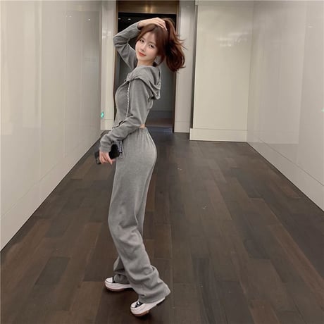 セットアップ 2点セット スウェット ダブルジップ パーカー ショート丈 パンツ スリムフィット 不規則デザイン トップス ボトムス 長袖 レトロ カジュアル DTCA-764266076419