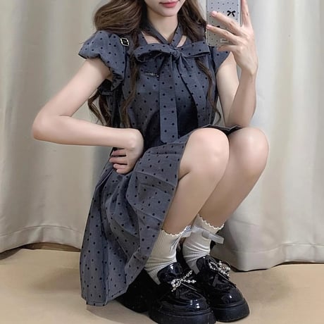プリーツワンピース ドット柄 水玉 リボンタイ パフスリーブ Uネック Aライン ハイウエスト ミニワンピース レトロ 大人可愛い ガーリー DTCA-913662271802