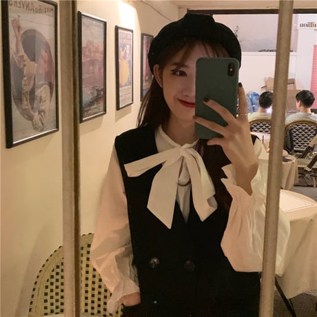 セットアップ ベスト ＋ ボウタイ フリル ワンピース 韓国ファッション レディース ロング丈 長袖 シンプル レトロ ガーリー (DTC-602303245123)