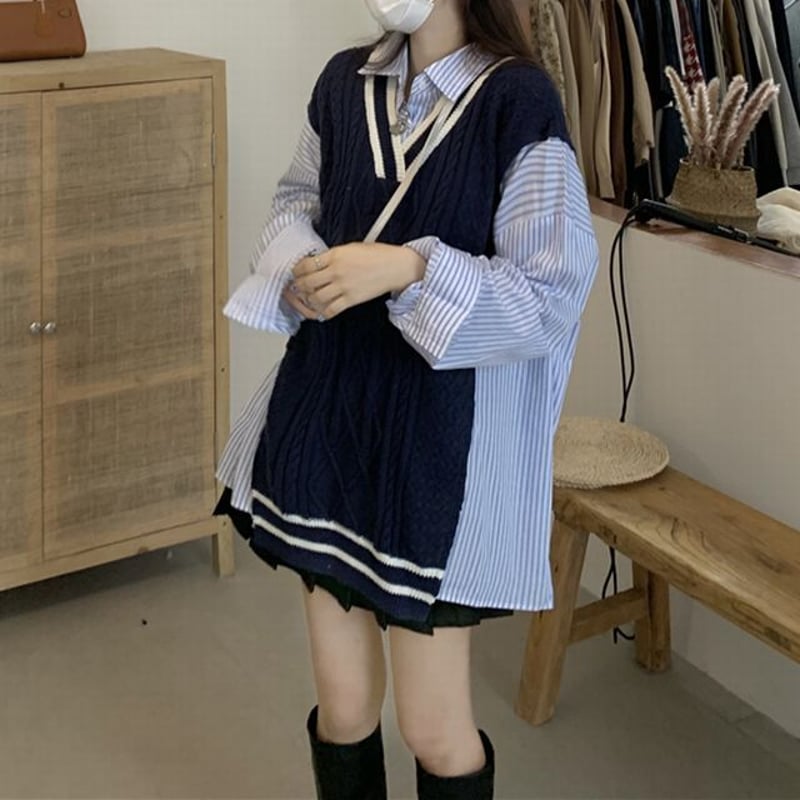 【美品✨】ENFOLD レイヤードドッキングニットトップス　グリーン　ストライプ 美品✨】ENFOLD レイヤードドッキングニットトップスグリーン