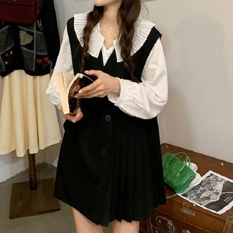 セットアップ ブラウス ＋ ベストワンピース プリーツ フロントボタン 韓国ファッション レディース 2点セット 大人可愛い ガーリー フェミニン レトロ DTC-641172143458