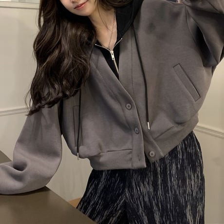フェイクレイヤード ドッキングトップス パーカー カーディガン 重ね着風 ジップアップ ボタン 長袖 韓国ファッション レディース カジュアル ストリート系 DTC-667647158135
