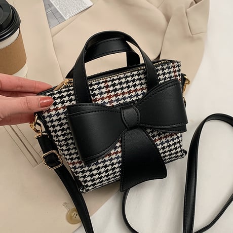 2WAY ハンドバッグ ショルダーバッグ ミニバッグ 千鳥格子 リボン チェック柄 バッグ 鞄 レトロ ホワイト ブラック ブラウン DTC-631010281178