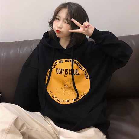 【選べる2カラー】 パーカー プルオーバー 韓国ファッション レディース ストリート系 ロゴ プリント 薄手 秋冬 秋 冬 (DTC-602174225125)