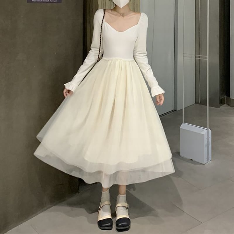 ワンピース ロングスカート チュール ハイネック 韓国 S~L ワンピース スクエアネック Vネック ロング丈 チュール