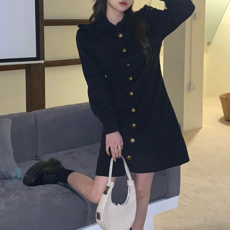 シャツワンピース フリル ハート ハイウエスト ポロカラー ワンピース aライン 長袖 レトロ 韓国ファッション レディース 大人可愛い ガーリー フェミニン DTC-666262271066