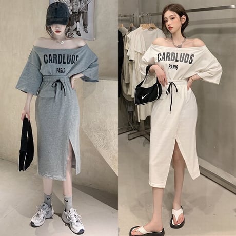 セットアップ 2点セット Tシャツ ＋ スカート オフショル スリット スウェット 半袖 韓国ファッション レディース オフショルダー 大人可愛い ガーリー DTC-642106947624