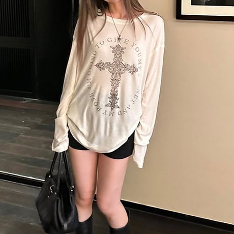 ロンT クロスプリント オーバーサイズ クルーネック ドロップショルダー tシャツ トップス カットソー ゆったり 長袖 レトロ 大人可愛い ガーリー カジュアル DTCA-828179763981
