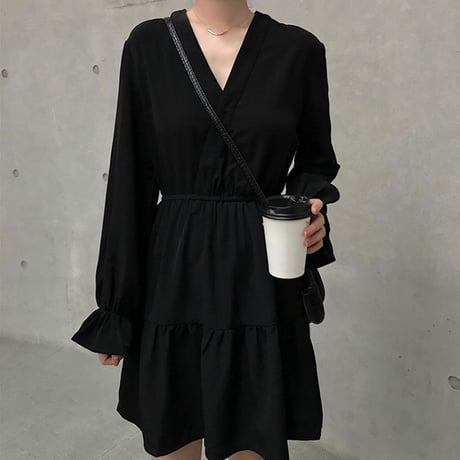 ティアードワンピース Vネック ショート丈 ハイウエスト 長袖 韓国ファッション レディース ミニワンピース 大人可愛い ガーリー フェミニン DTC-652647299876
