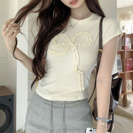 立体リボン Tシャツ リボンコード フリル タイト スリムフィット ショート丈 クルーネック 半袖 レトロ 大人可愛い ガーリー カジュアル DTCA-802763810438